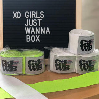 mini chalkboard with xo and girls just wanna box with neone yellow and white cotton handwraps for boxing