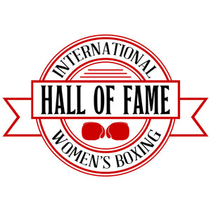 A red and white logo with two boxing gloves that says International Hall of Fame Women's Boxing