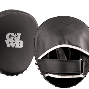 Black and white women's boxing coaching handpads with GJWB logo