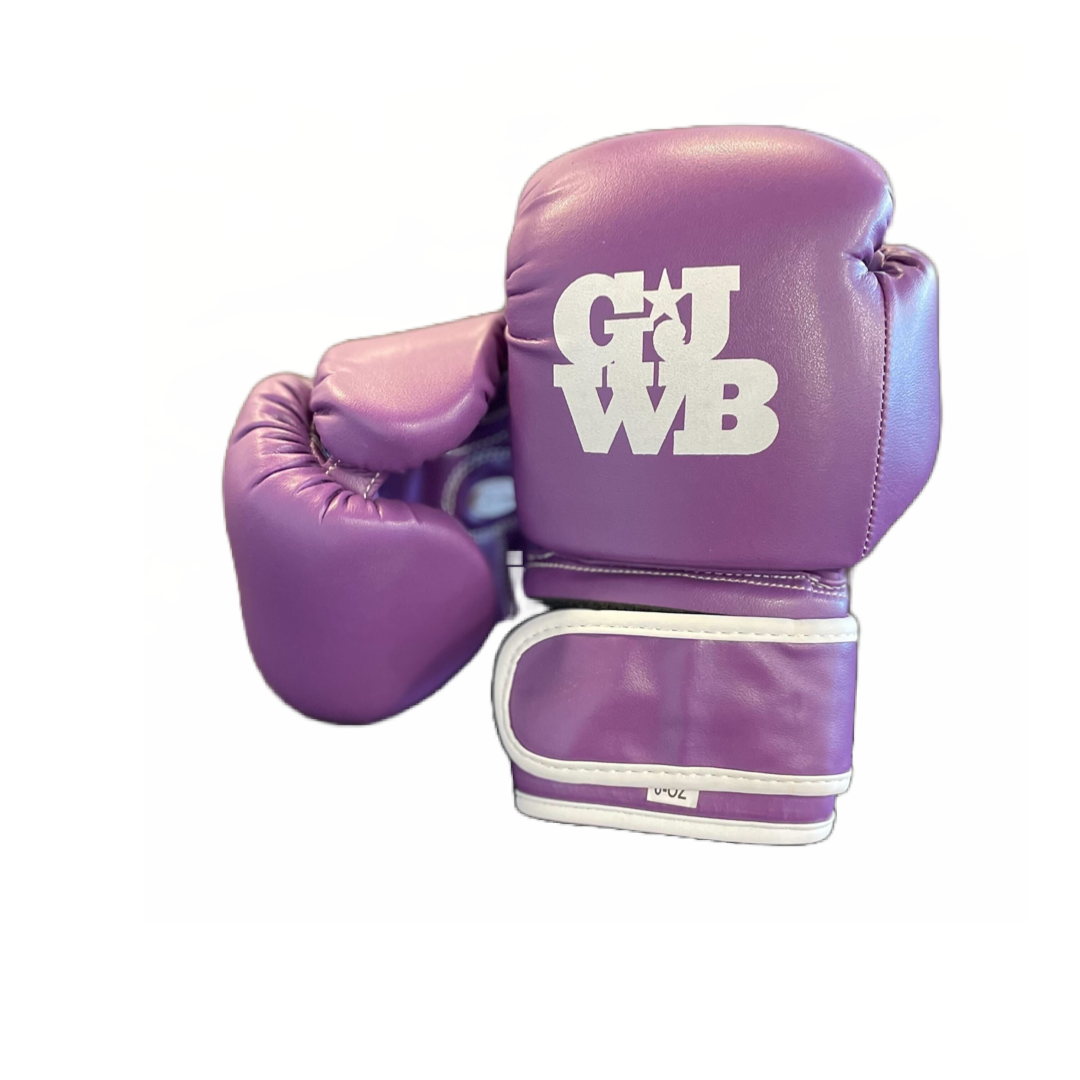small kids boxing glove in purple and white with girls just wanna box 