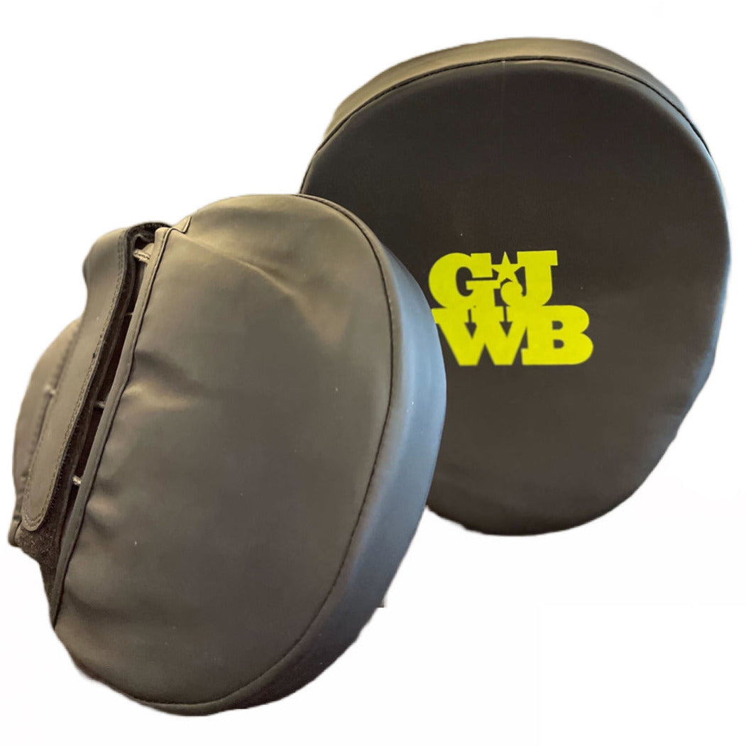 Black and neon yellow women's boxing coaching handpads with GJWB logo