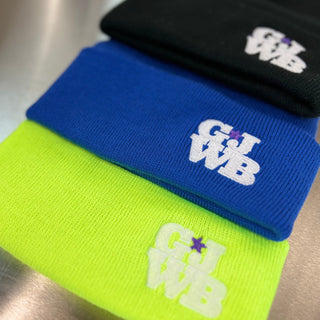 black, royal blue and neon yellow winter toques