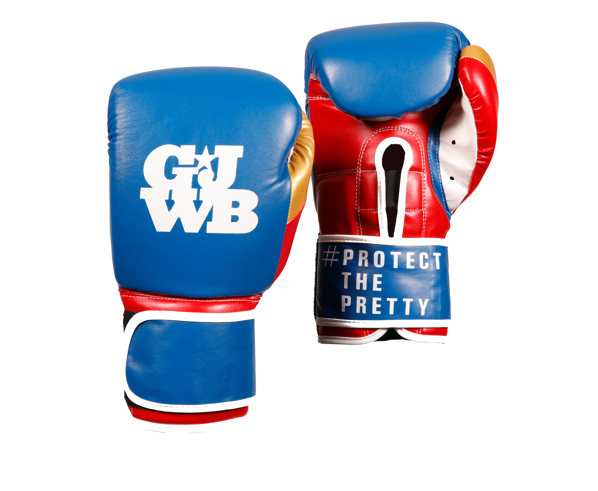red, blue, gold, and white boxing bag gloves (for women)