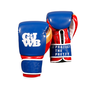 red, blue, gold, and white boxing bag gloves (made for women)